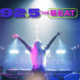 DJ on stage with arms raised performing to a large crowd at a concert, 92.5 THE BEAT logo glowing above the scene