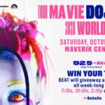 Promotional concert poster with colorful artwork and bold pink and blue text announcing a 2026 world tour at Maverik Center and a radio giveaway details.