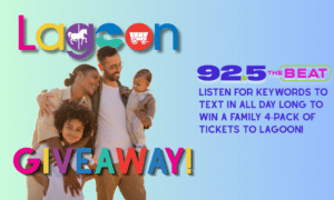 A smiling family of four poses together on a pastel gradient background with a colorful Lagoon logo and a radio station promo for a Lagoon giveaway.