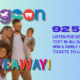 A smiling family of four poses together on a pastel gradient background with a colorful Lagoon logo and a radio station promo for a Lagoon giveaway.