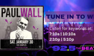 Promotional banner for a radio contest: Paul Wall poster with 'Tune in to win' and keyword times on 92.5 The Beat.