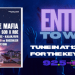 Left: vertical festival poster with a sunset crowd scene; right: bold 'ENTER TO WIN' banner over blue concert backdrop and 92.5 The Beat logo.