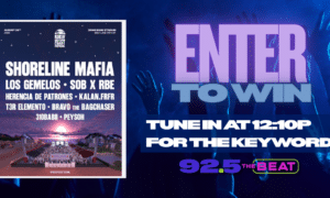 Left: vertical festival poster with a sunset crowd scene; right: bold 'ENTER TO WIN' banner over blue concert backdrop and 92.5 The Beat logo.